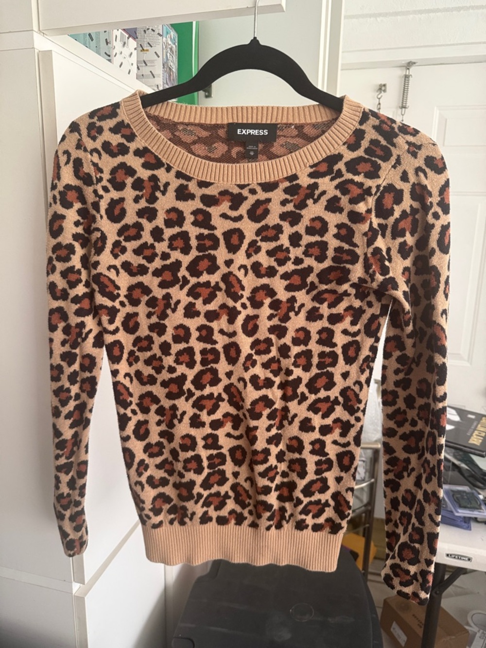 Express Leopard Print Crewneck Sweater - Tan, Brown, Black